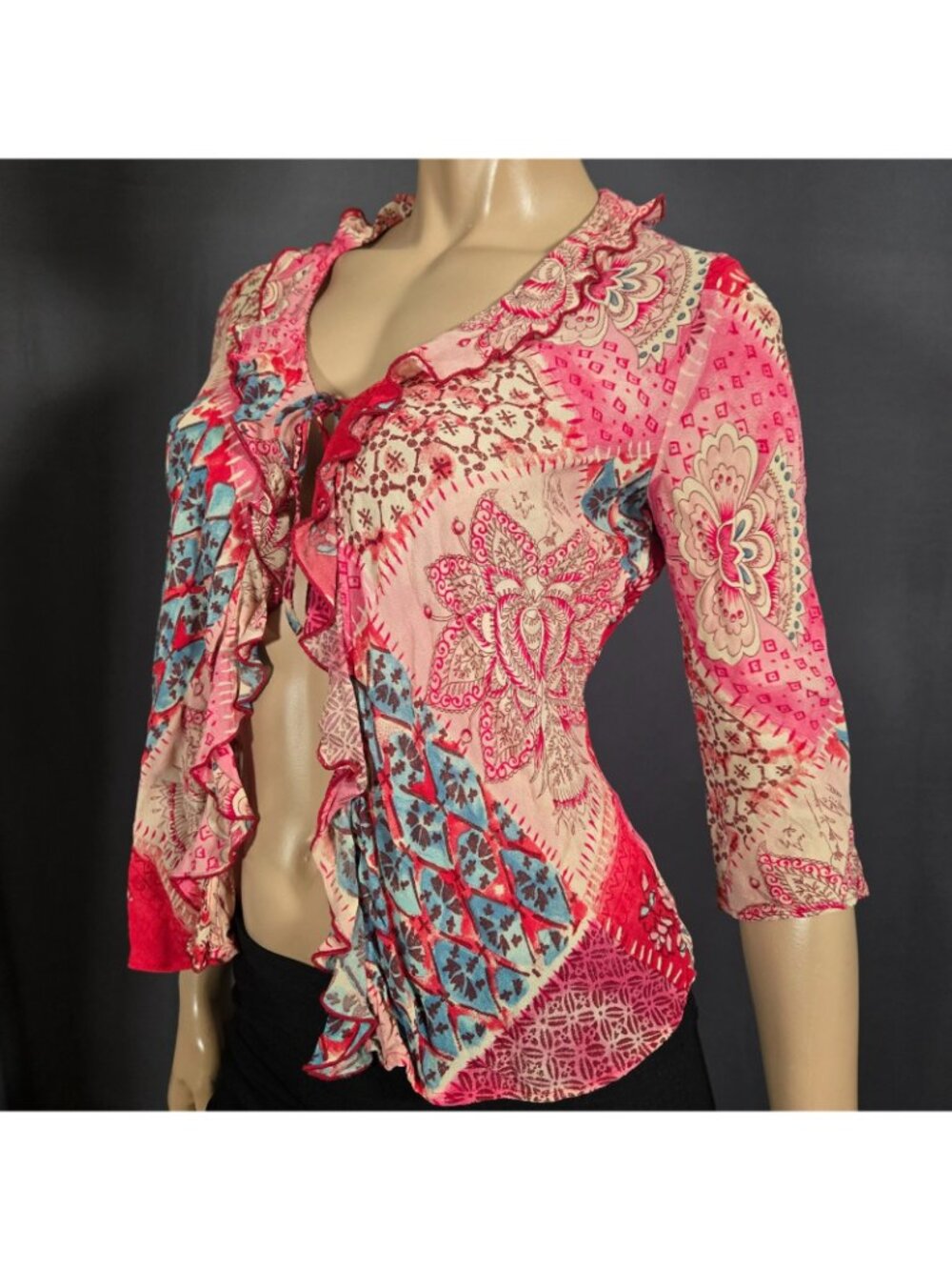 Y2K Next Tie Front Chiffon Top Pink Blue Ruffled Size S Euro Summer Boho Fairy - Picture 9 of 15